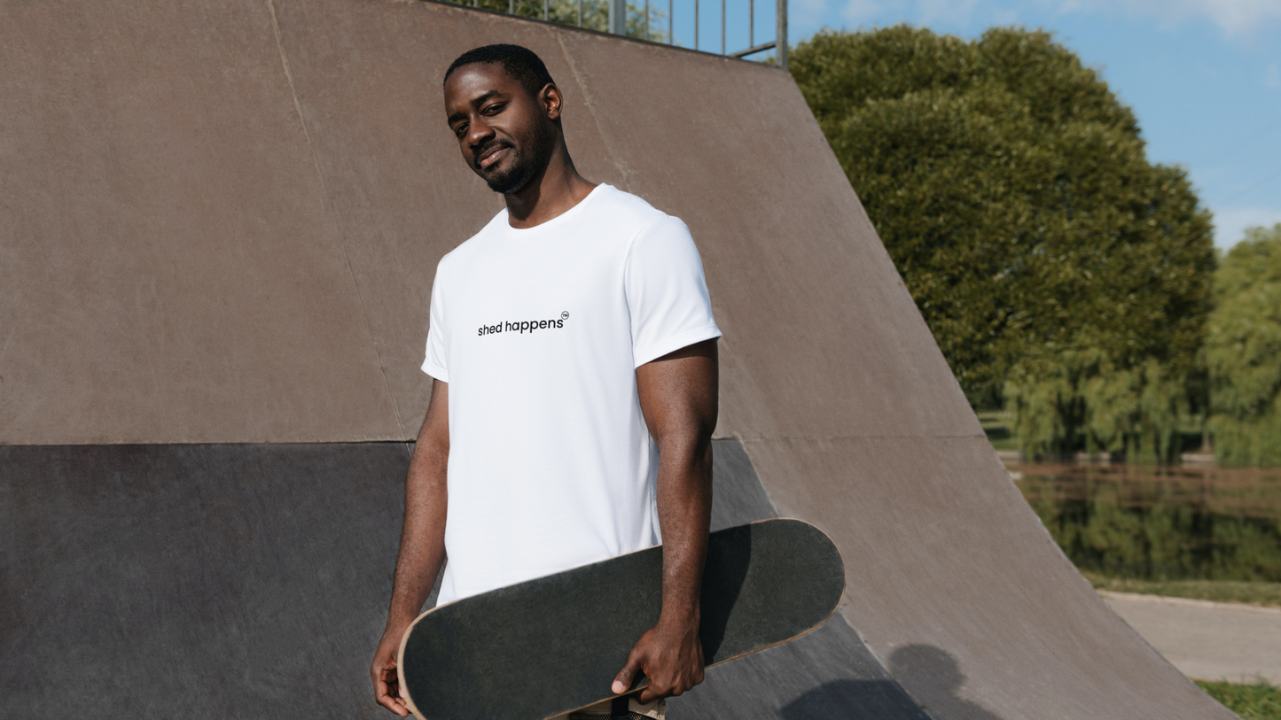 SHED HAPPENS™ White Unisex Crew Neck T-Shirt