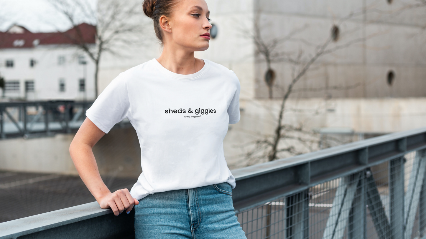 SHEDS AND GIGGLES whiteUnisex Crew Neck T-Shirt